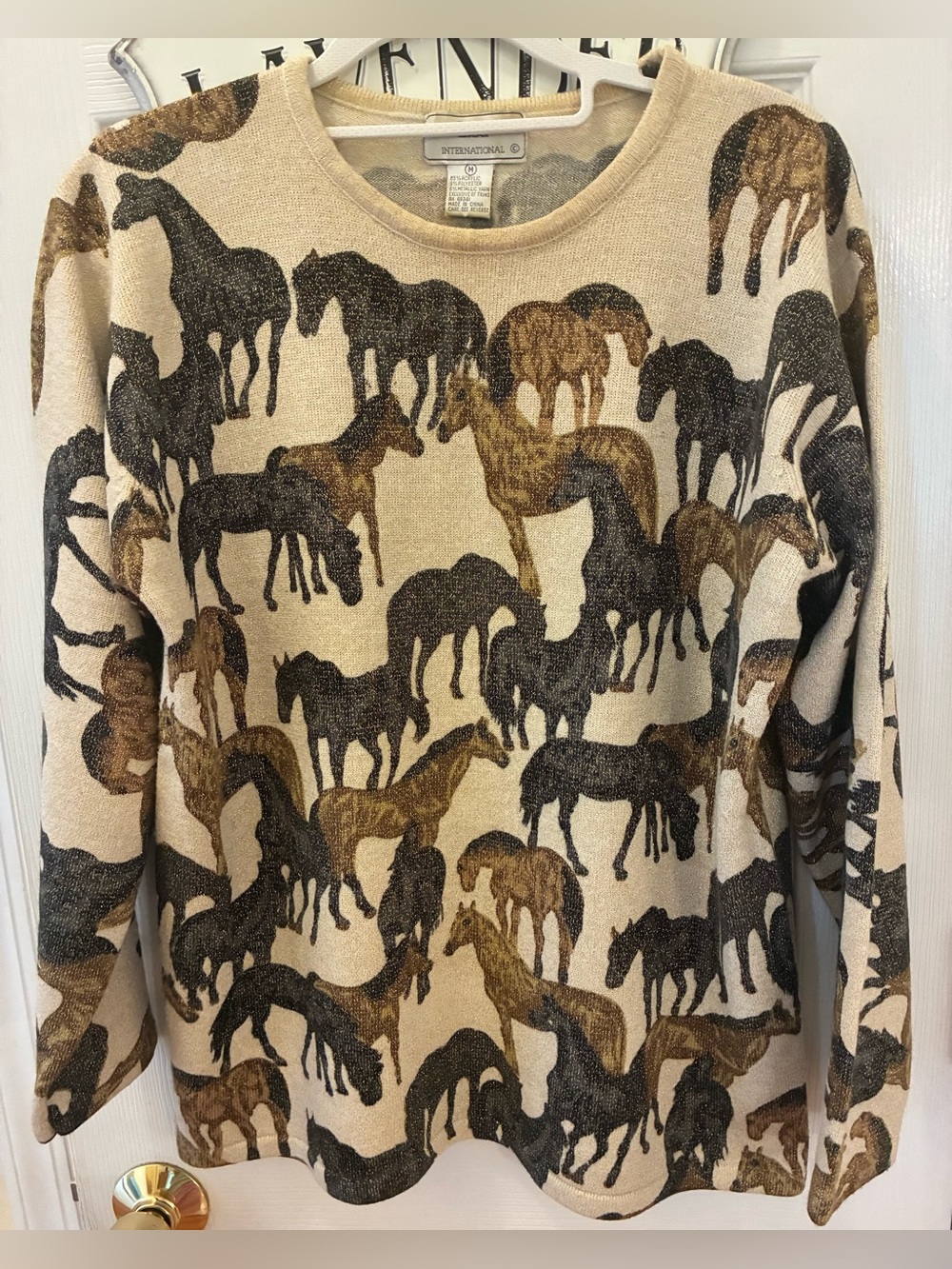 Lisa International Beige Horse-Print Metallic Knit Top